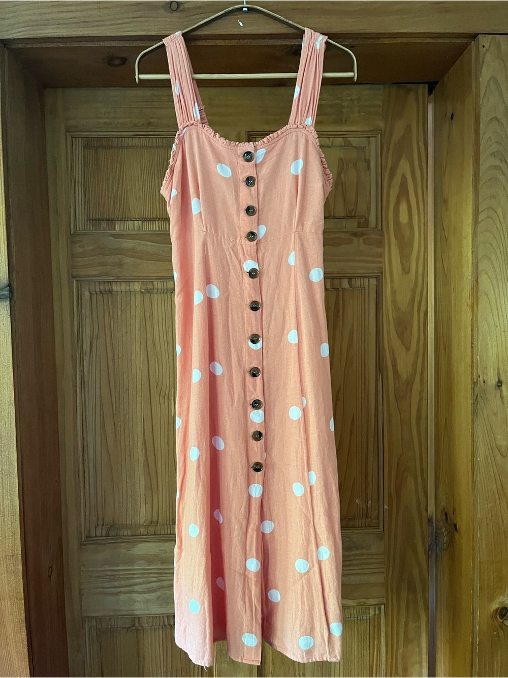 Japna Peach Polka Dot Sweetheart Button-Front Midi Sundress sz M